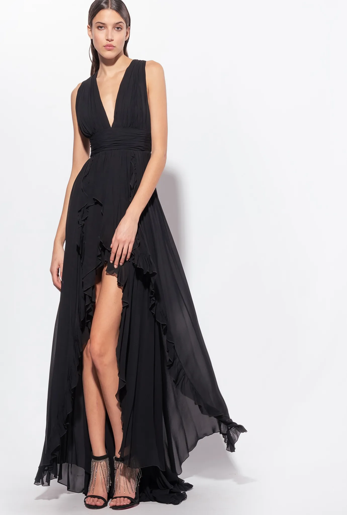 Robes|PINKO Robe Longue A Volants Noir Limousine