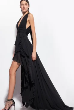 Robes|PINKO Robe Longue A Volants Noir Limousine