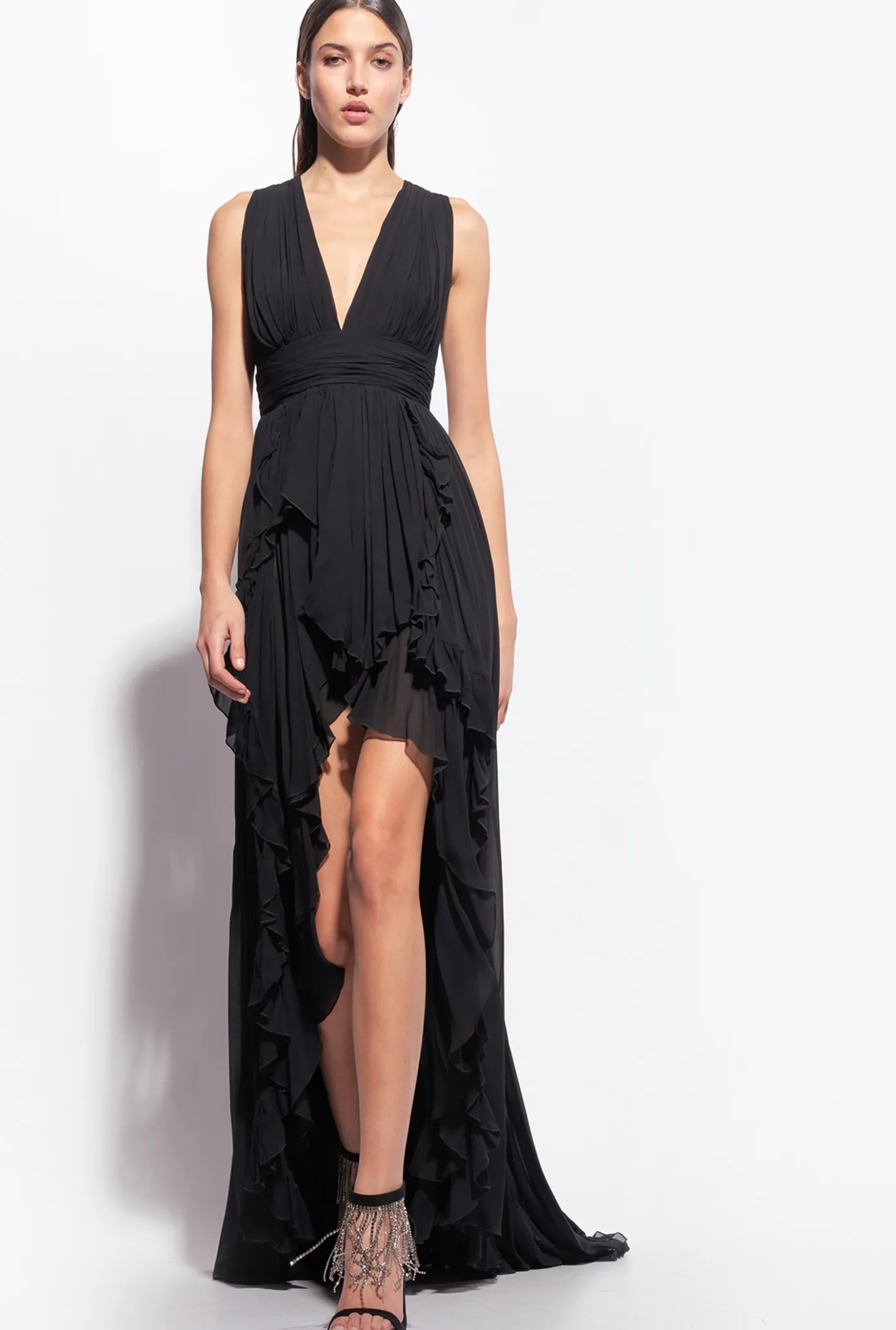 Robes|PINKO Robe Longue A Volants Noir Limousine