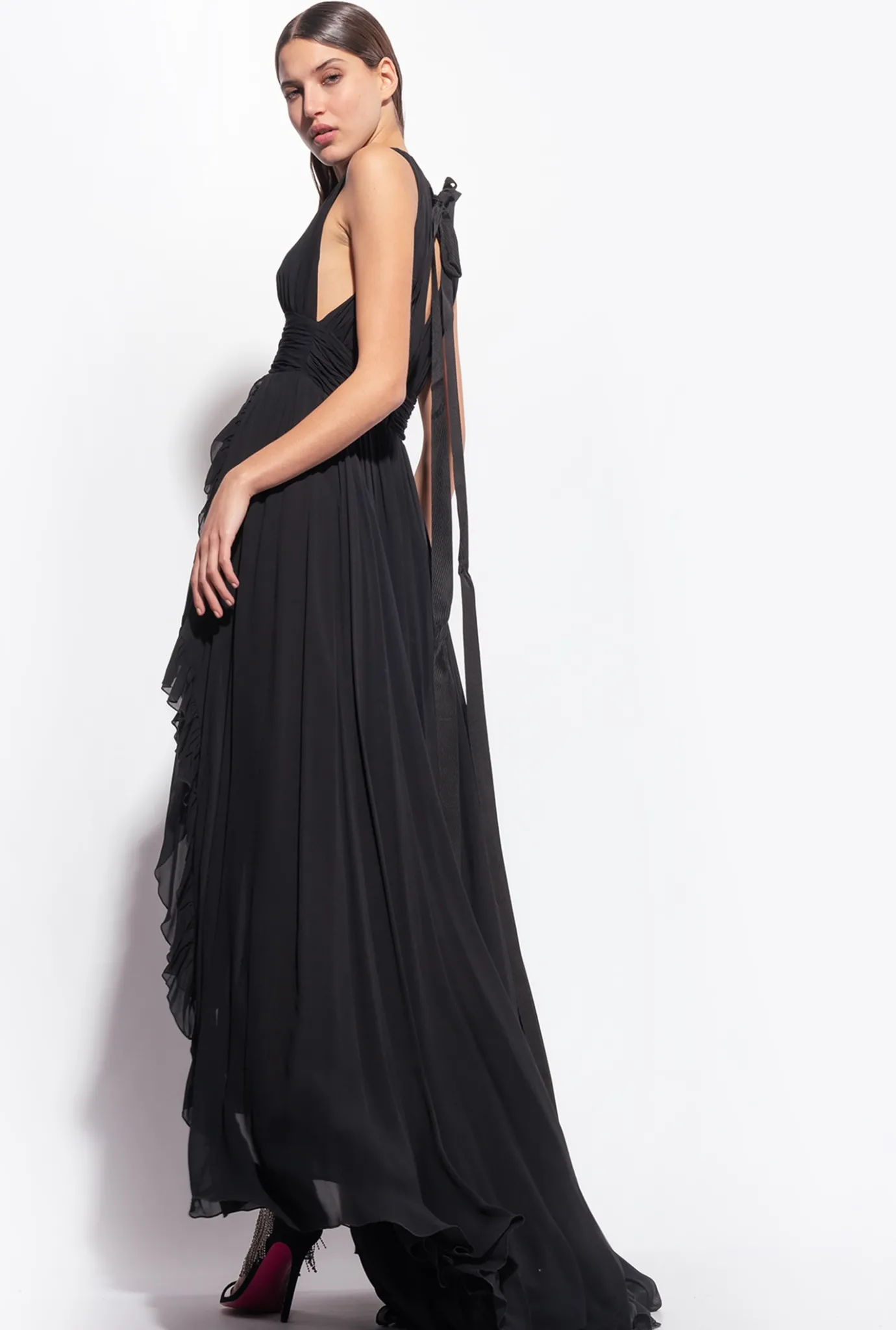 Robes|PINKO Robe Longue A Volants Noir Limousine