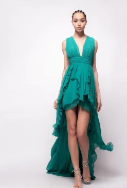 Robes|PINKO Robe Longue A Volants Bonbon Gomme