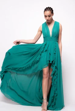 Robes|PINKO Robe Longue A Volants Bonbon Gomme
