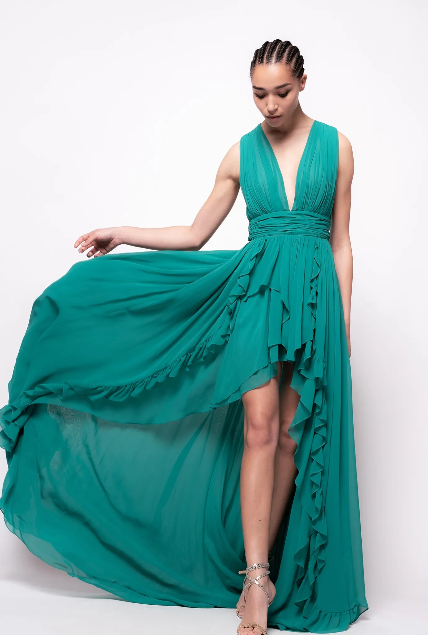 Robes|PINKO Robe Longue A Volants Bonbon Gomme