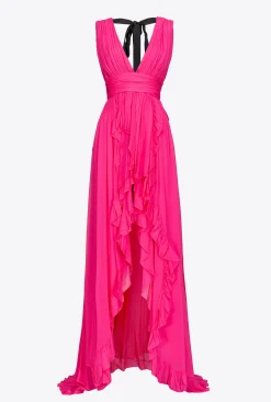 Robes|PINKO Robe Longue A Volants Fuchsia