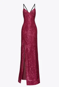 Robes|PINKO Robe Longue Elegante Entierement Pailletee Fuchsia/Gris