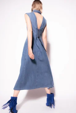 Robes|PINKO Robe Longue En Denim Fluide Delavage Moyen Fonce