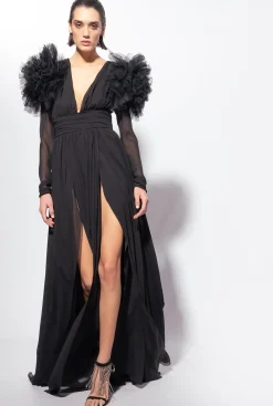 Robes|PINKO Robe Longue En Mousseline Et Tulle Noir Limousine