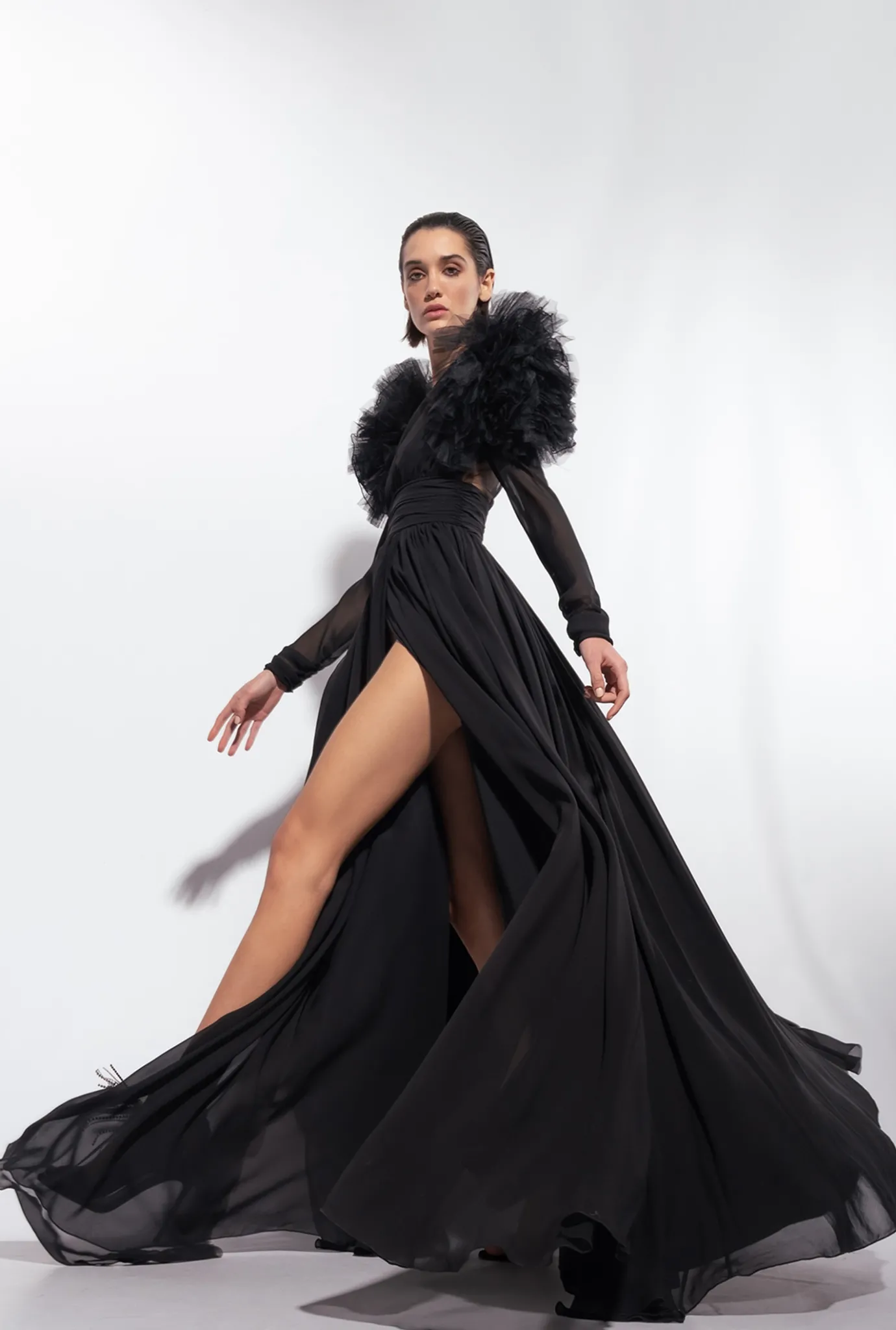 Robes|PINKO Robe Longue En Mousseline Et Tulle Noir Limousine