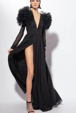 Robes|PINKO Robe Longue En Mousseline Et Tulle Noir Limousine