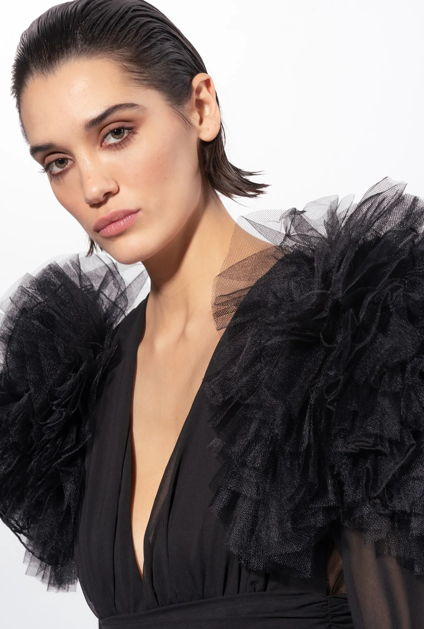 Robes|PINKO Robe Longue En Mousseline Et Tulle Noir Limousine
