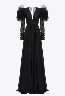 Robes|PINKO Robe Longue En Mousseline Et Tulle Noir Limousine