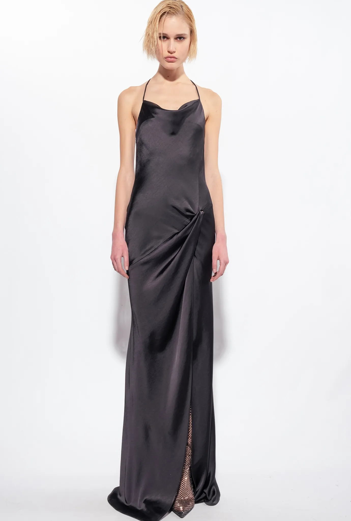 Robes|PINKO Robe Longue En Satin A Anneau Noir Limousine
