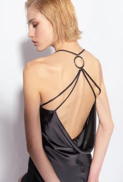 Robes|PINKO Robe Longue En Satin A Anneau Noir Limousine