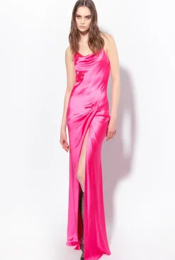 Robes|PINKO Robe Longue En Satin A Anneau Violet Fuchsia
