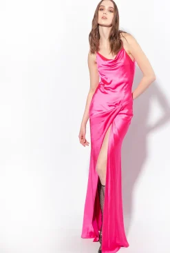 Robes|PINKO Robe Longue En Satin A Anneau Violet Fuchsia