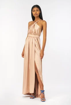 Robes|PINKO Robe Longue Fendue En Satin Rose Camee