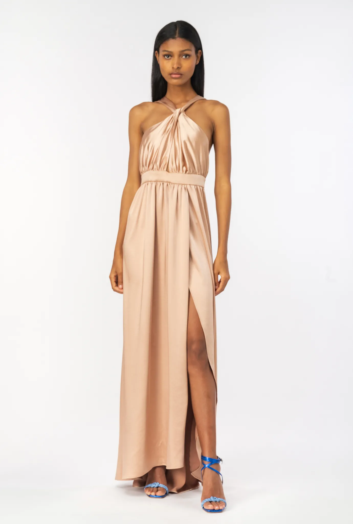 Robes|PINKO Robe Longue Fendue En Satin Rose Camee