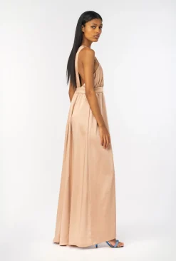 Robes|PINKO Robe Longue Fendue En Satin Rose Camee