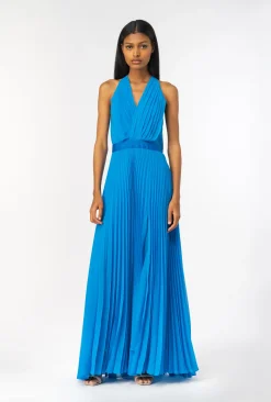 Robes|PINKO Robe Longue Plissee En Mousseline Bleu Directoire