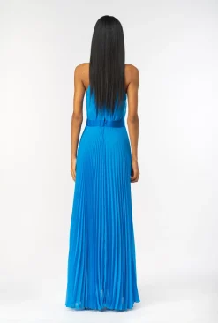 Robes|PINKO Robe Longue Plissee En Mousseline Bleu Directoire