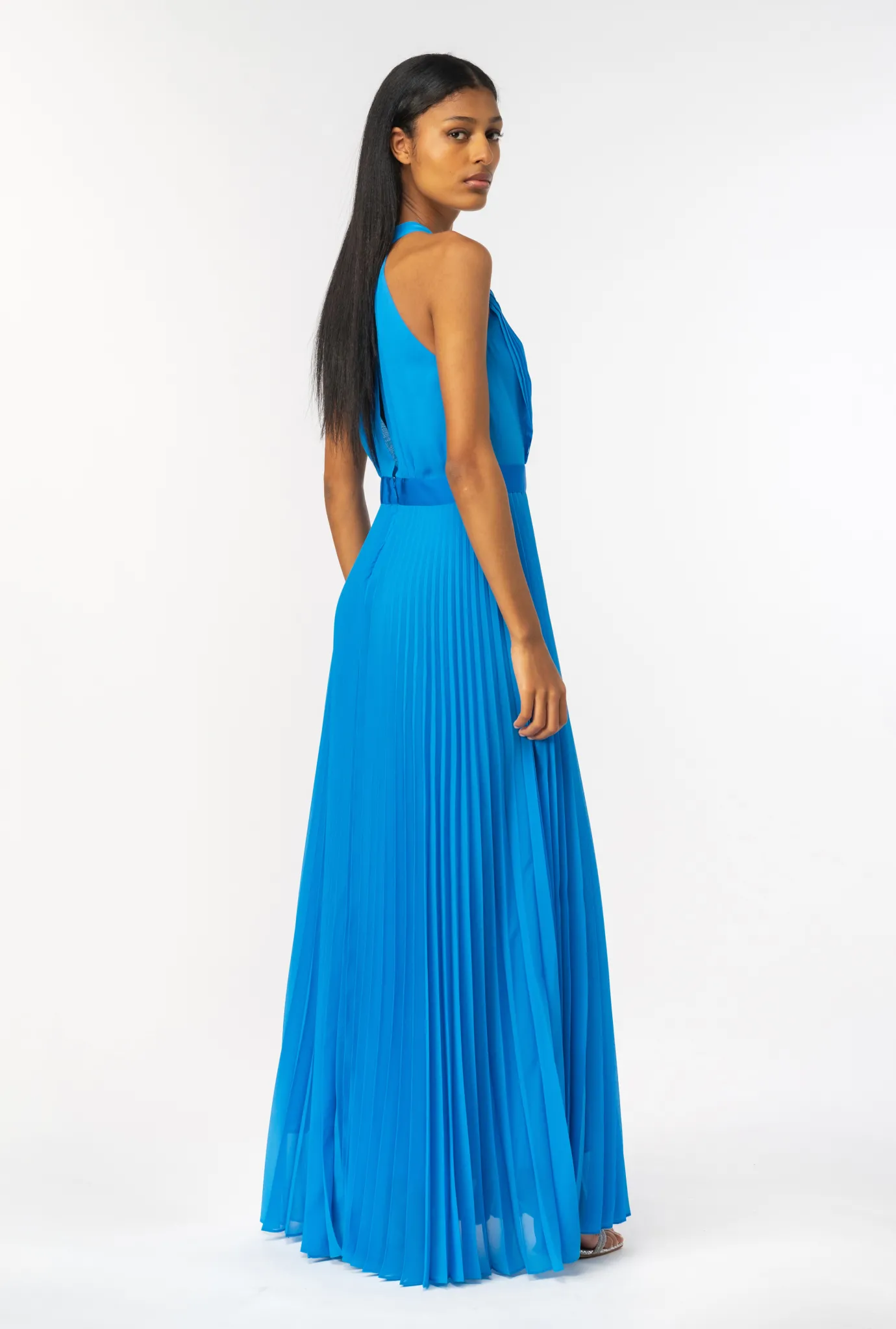 Robes|PINKO Robe Longue Plissee En Mousseline Bleu Directoire