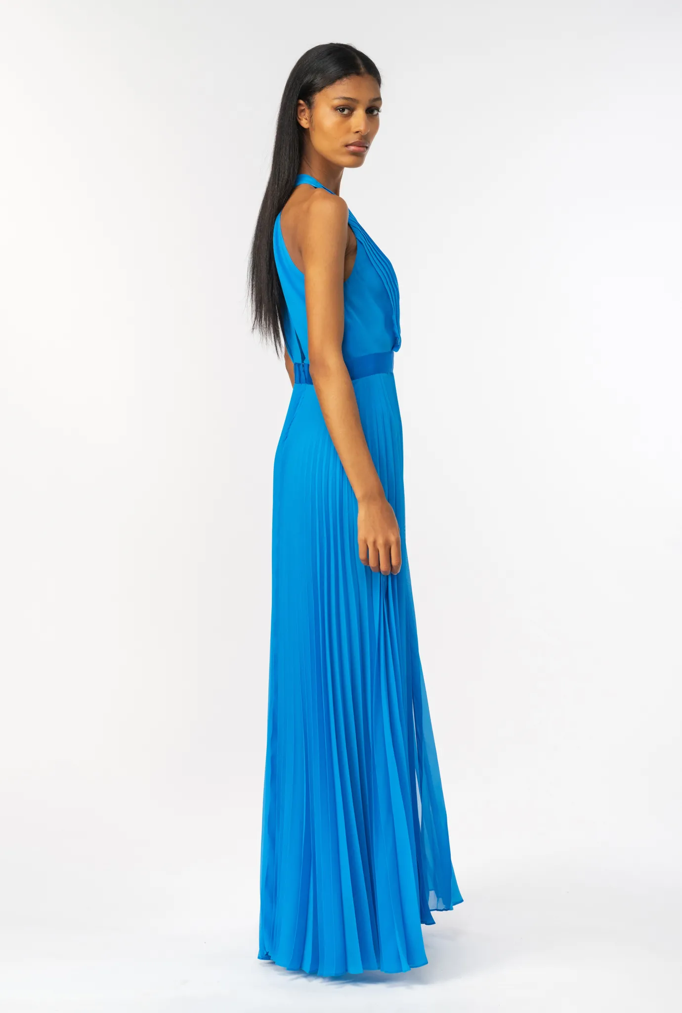 Robes|PINKO Robe Longue Plissee En Mousseline Bleu Directoire