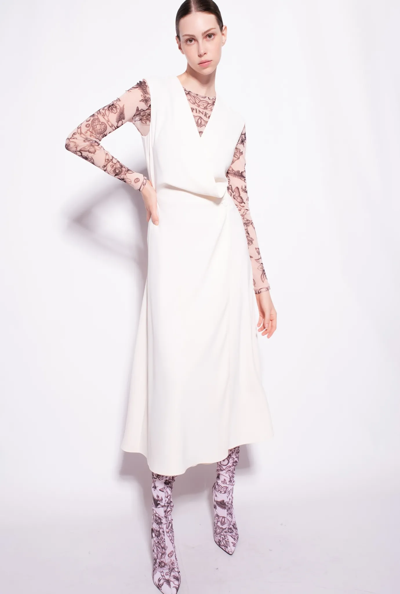 Robes|PINKO Robe Midi En Crepe Stretch Rose Fume Blanc