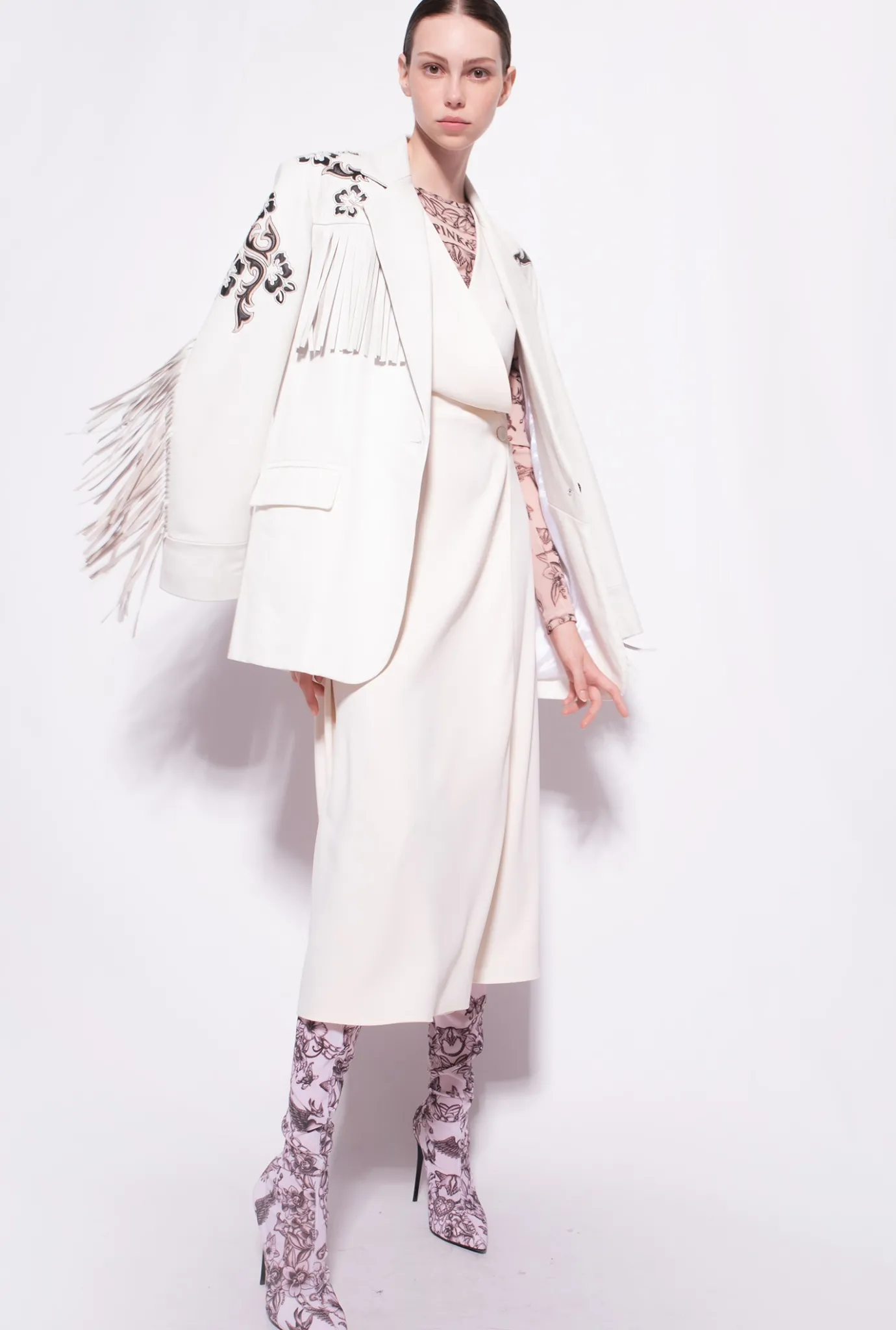 Robes|PINKO Robe Midi En Crepe Stretch Rose Fume Blanc