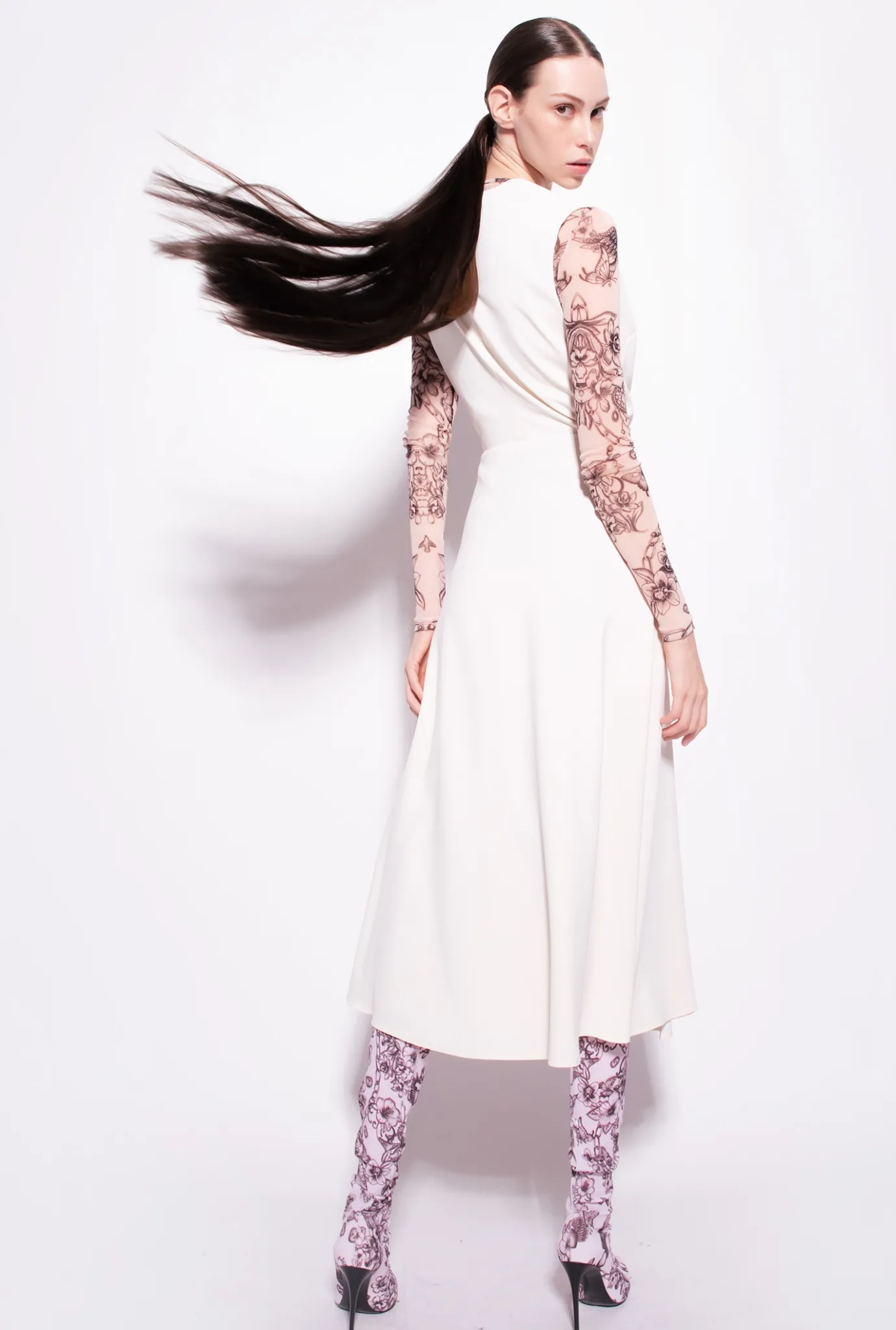 Robes|PINKO Robe Midi En Crepe Stretch Rose Fume Blanc