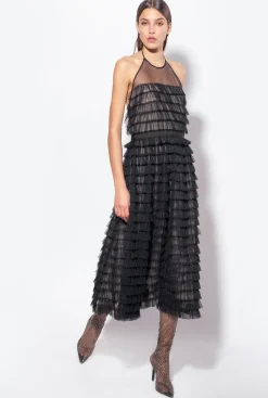 Robes|PINKO Robe Midi En Tulle A Volants Noir/Chair