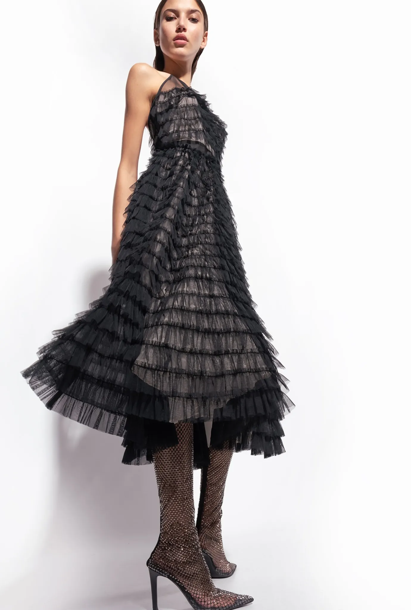 Robes|PINKO Robe Midi En Tulle A Volants Noir/Chair