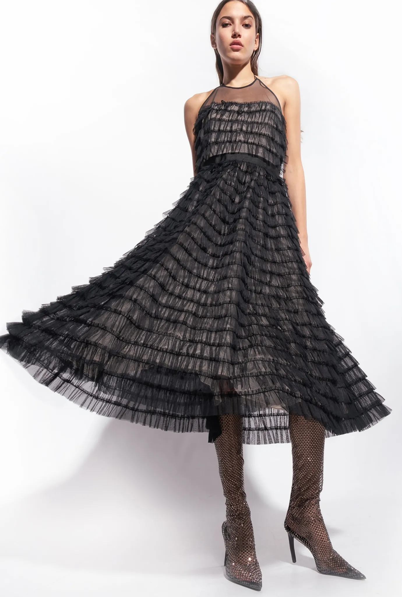 Robes|PINKO Robe Midi En Tulle A Volants Noir/Chair