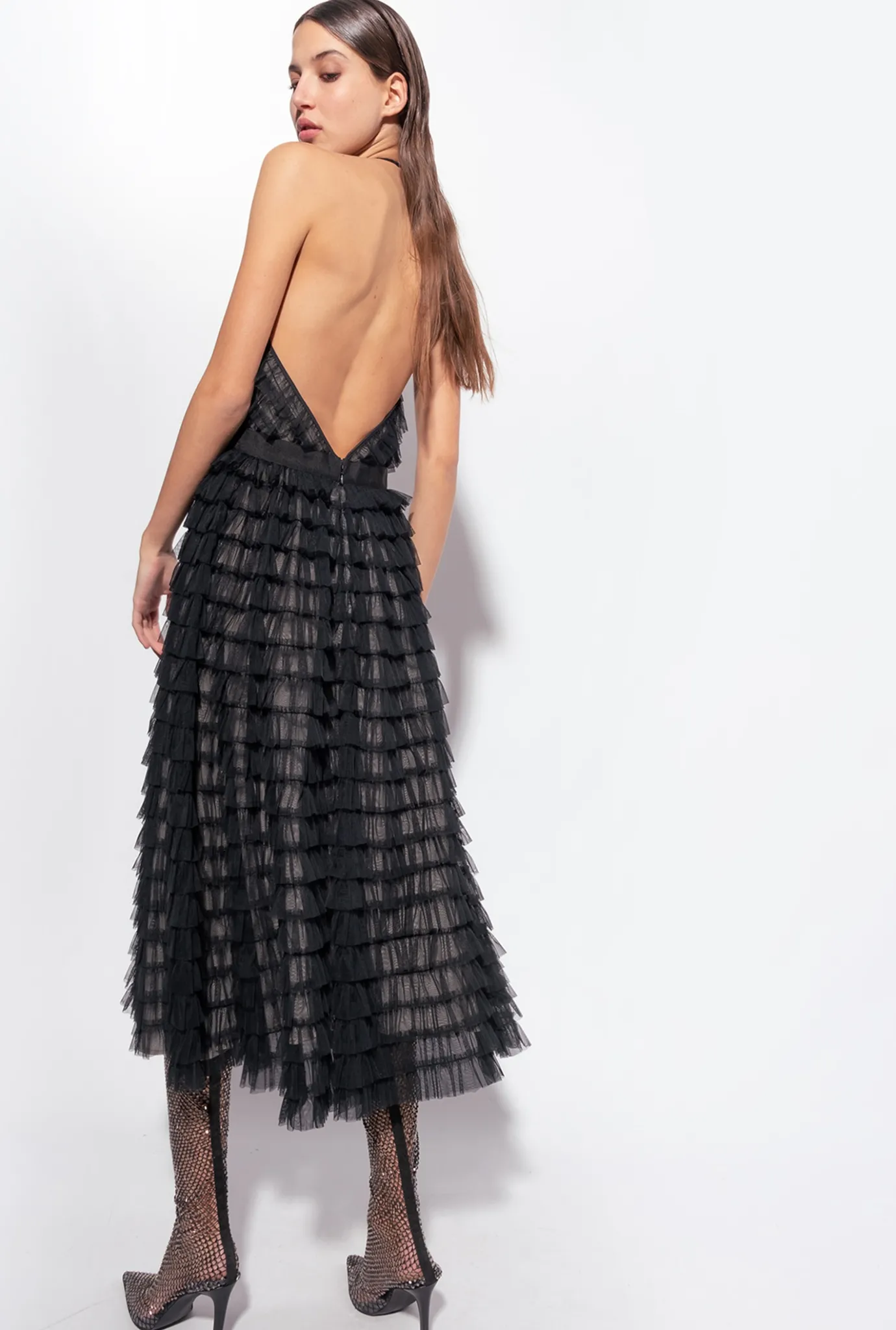 Robes|PINKO Robe Midi En Tulle A Volants Noir/Chair