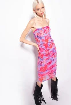 Robes|PINKO Robe Mi-Longue A Imprime Floral Lilas/Rose Clair/Fuchsia