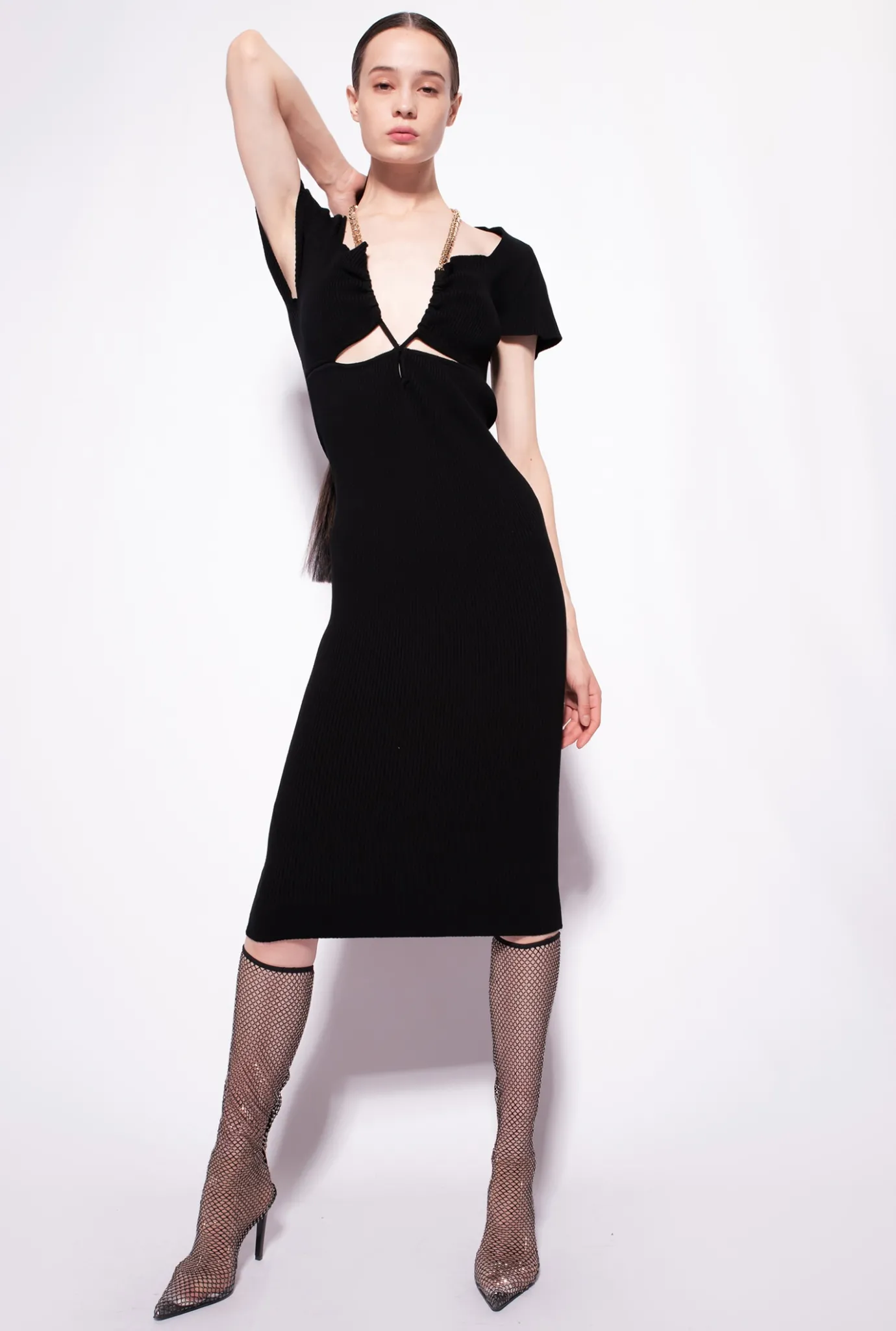 Robes|PINKO Robe Mi-Longue En Maille Avec Chaine Noir Limousine