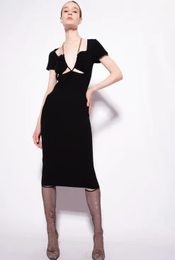 Robes|PINKO Robe Mi-Longue En Maille Avec Chaine Noir Limousine