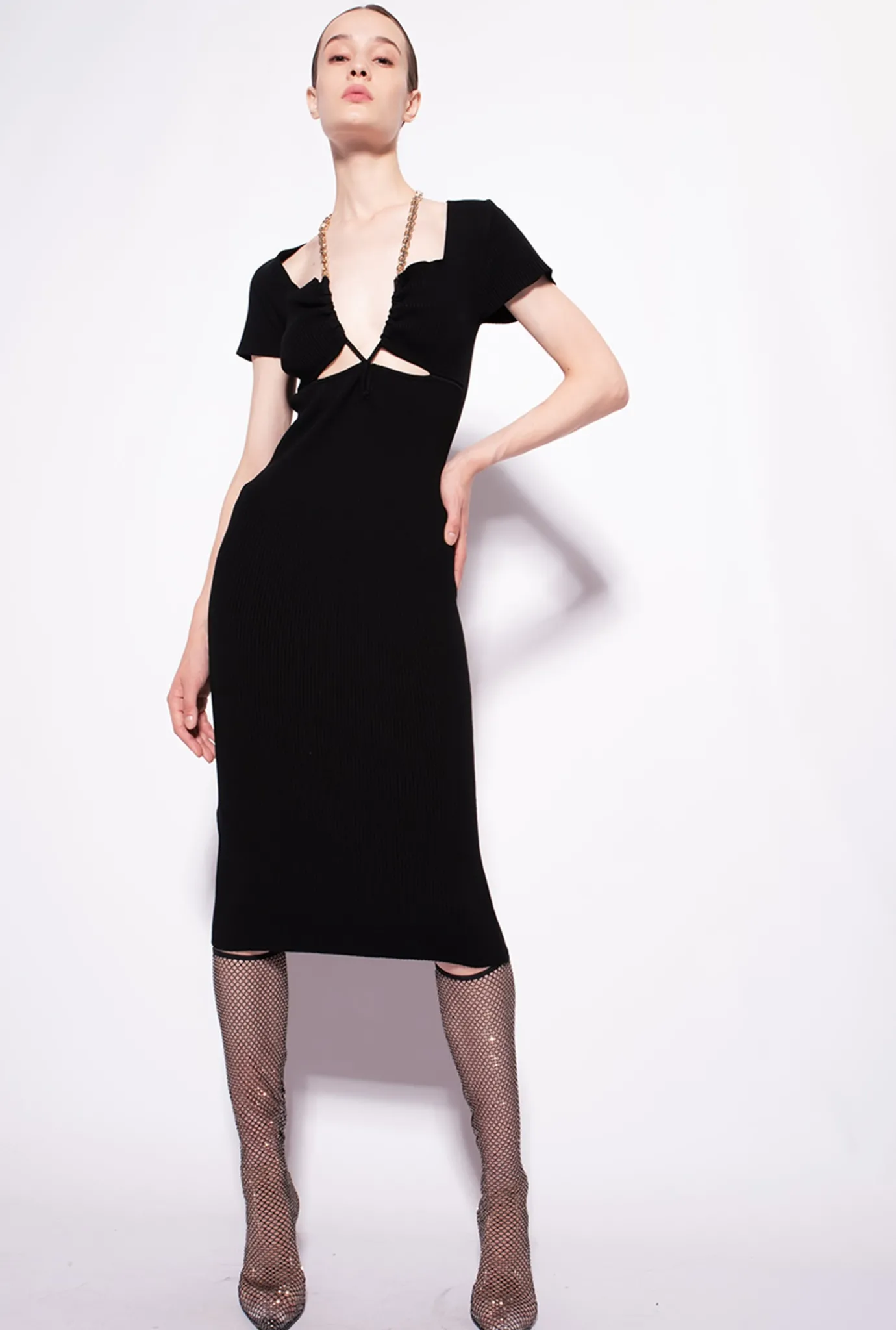 Robes|PINKO Robe Mi-Longue En Maille Avec Chaine Noir Limousine