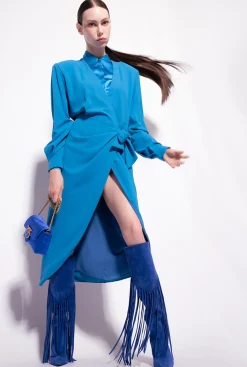 Robes|PINKO Robe Portefeuille En Crepe Fluide Bleu Directoire