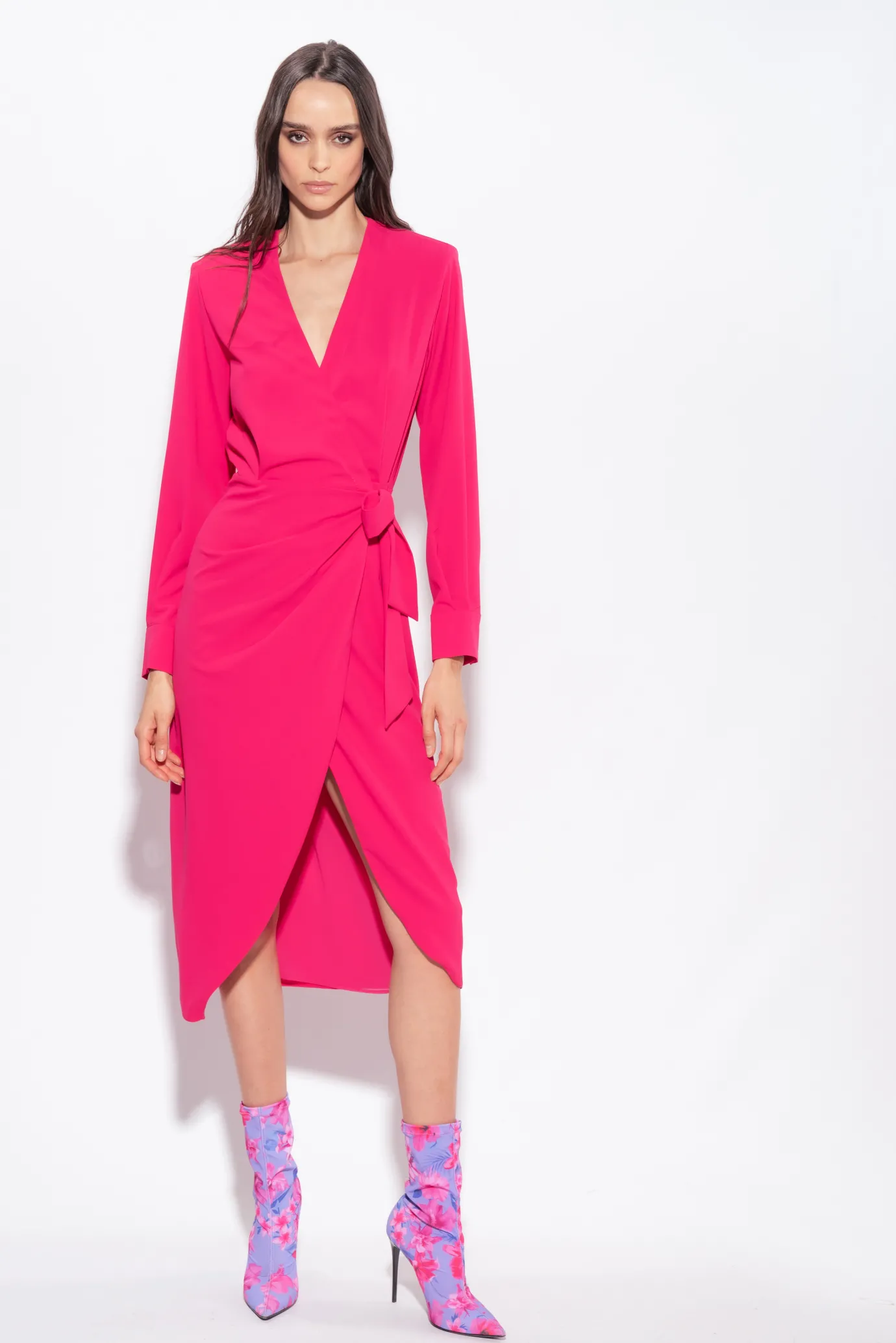 Robes|PINKO Robe Portefeuille En Crepe Fluide Rouge Framboise