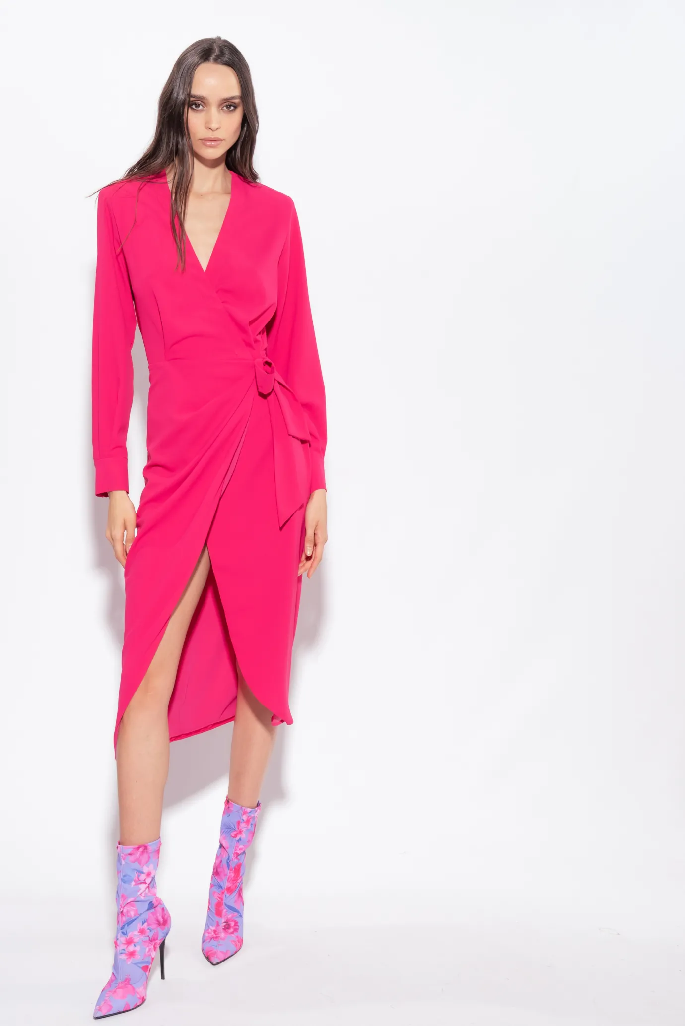 Robes|PINKO Robe Portefeuille En Crepe Fluide Rouge Framboise