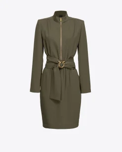 Robes|PINKO Robe Zippee Et Ceinturee Love Birds Vert Militaire