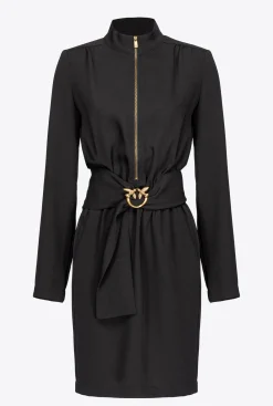 Robes|PINKO Robe Zippee Et Ceinturee Love Birds Noir Limousine