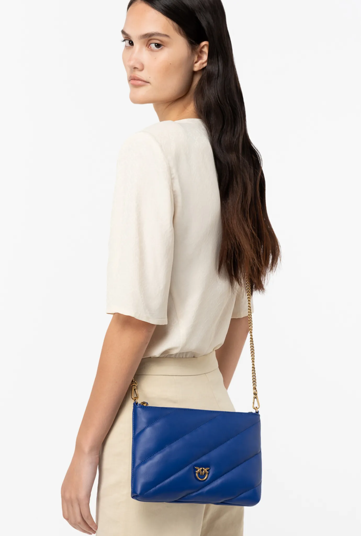 Sacs À Bandoulière|PINKO Sac A Bandoulière Flat Bag En Cuir Nappa Matelasse Bleu Clematite-Or Antique