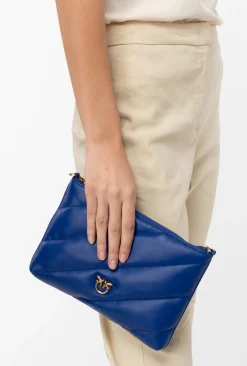 Sacs À Bandoulière|PINKO Sac A Bandoulière Flat Bag En Cuir Nappa Matelasse Bleu Clematite-Or Antique