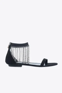Chaussures|PINKO Sandales Plates A Franges En Strass Noir Limousine