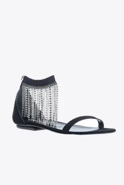 Chaussures|PINKO Sandales Plates A Franges En Strass Noir Limousine