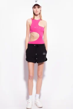 Pantalons|PINKO Short A Logo Imprime Noir Limousine