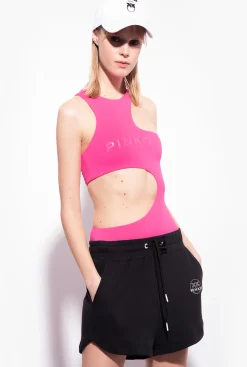 Pantalons|PINKO Short A Logo Imprime Noir Limousine
