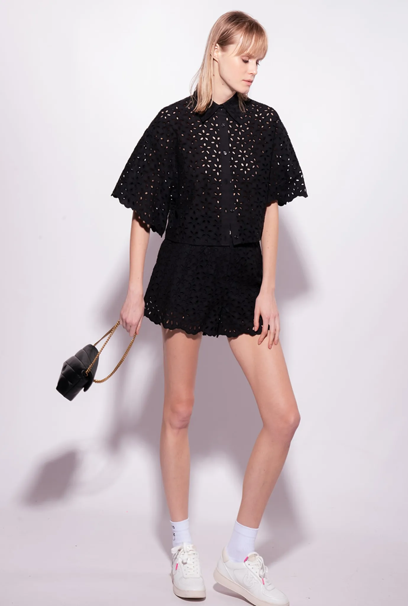 Pantalons|PINKO Short En Broderie Anglaise Noir Limousine