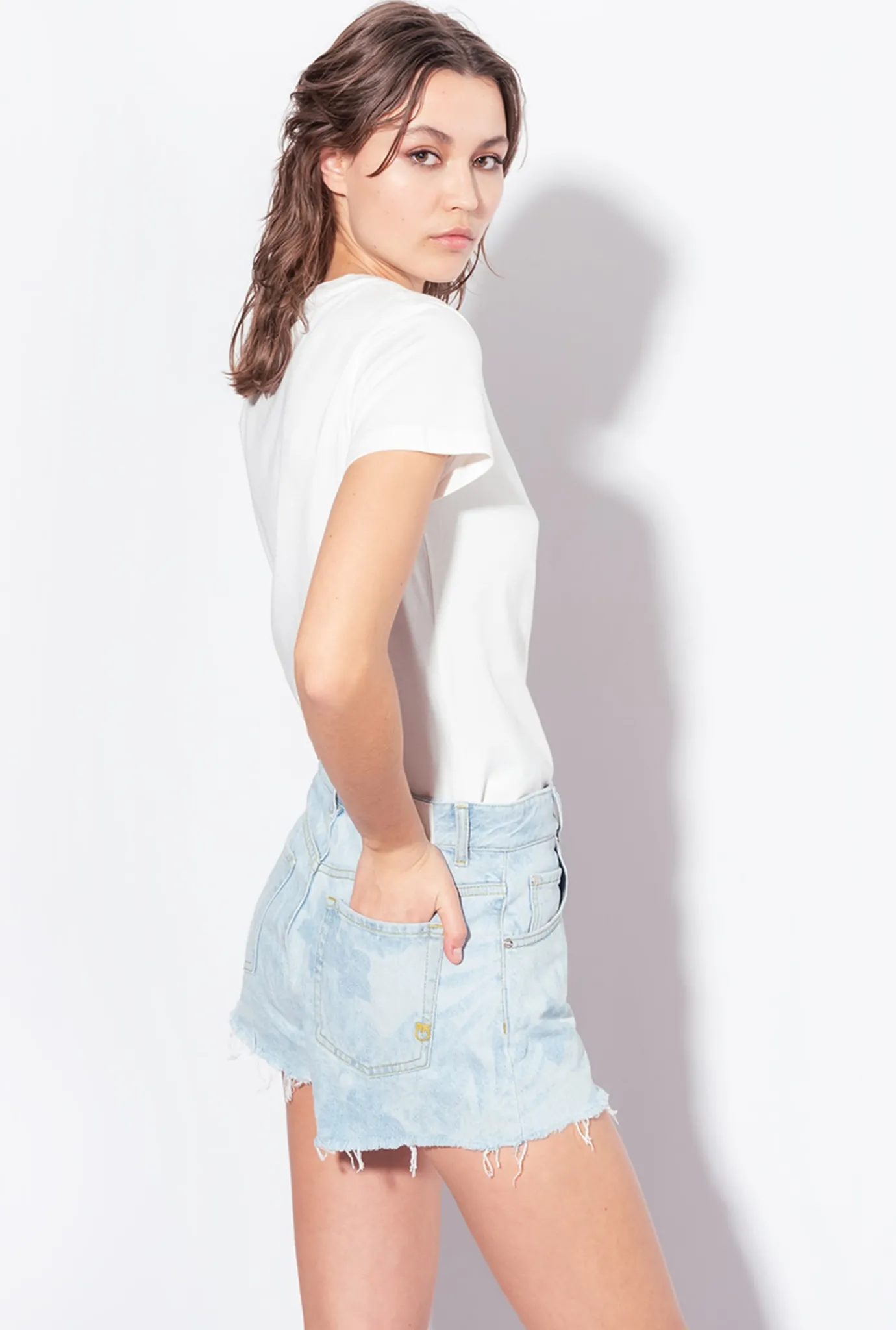 Jeans|PINKO Short En Denim A Motif Tropical Imprime Au Laser Azur/Blanc